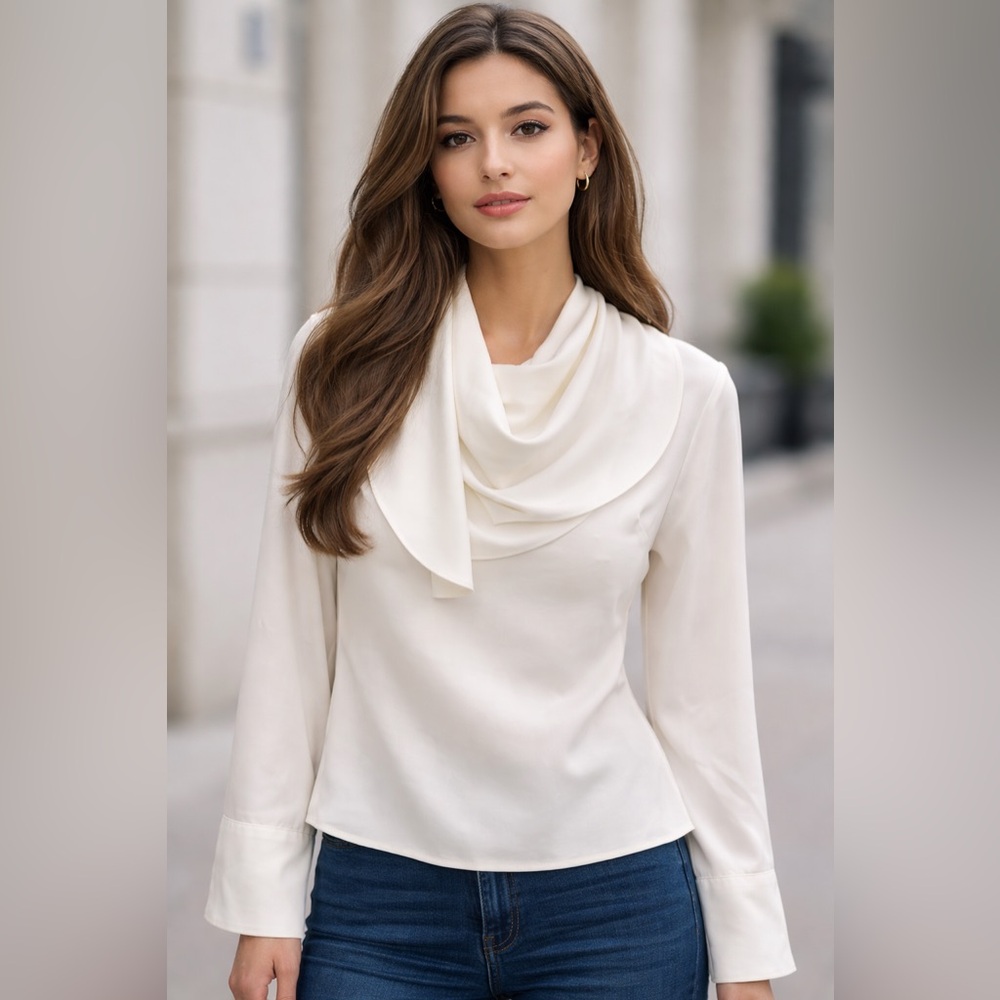 Zara satin-feel cowl neck blouse in cream. Size S. New with tag.